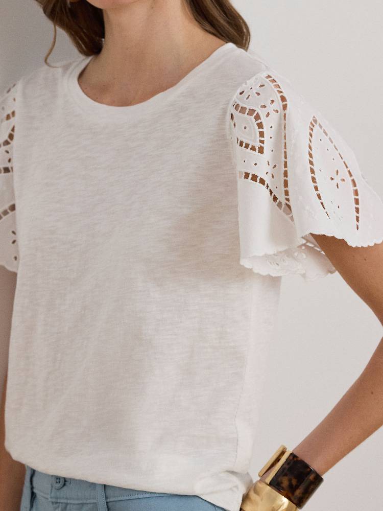 EYELET COTTON JERSEY & BROADCLOTH TOP