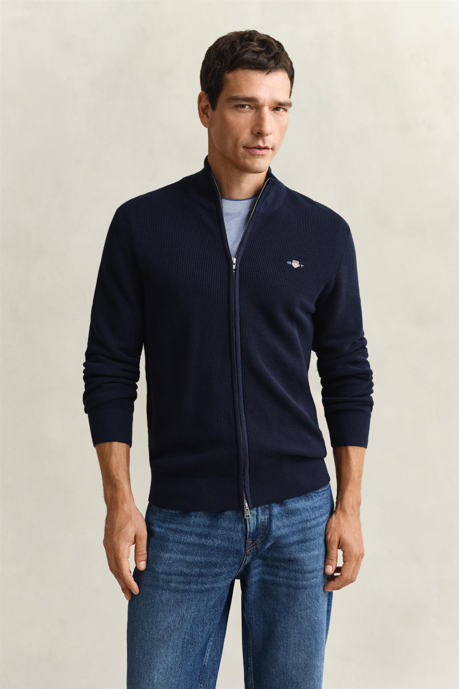 Micro Textured Cotton Zip Cardigan