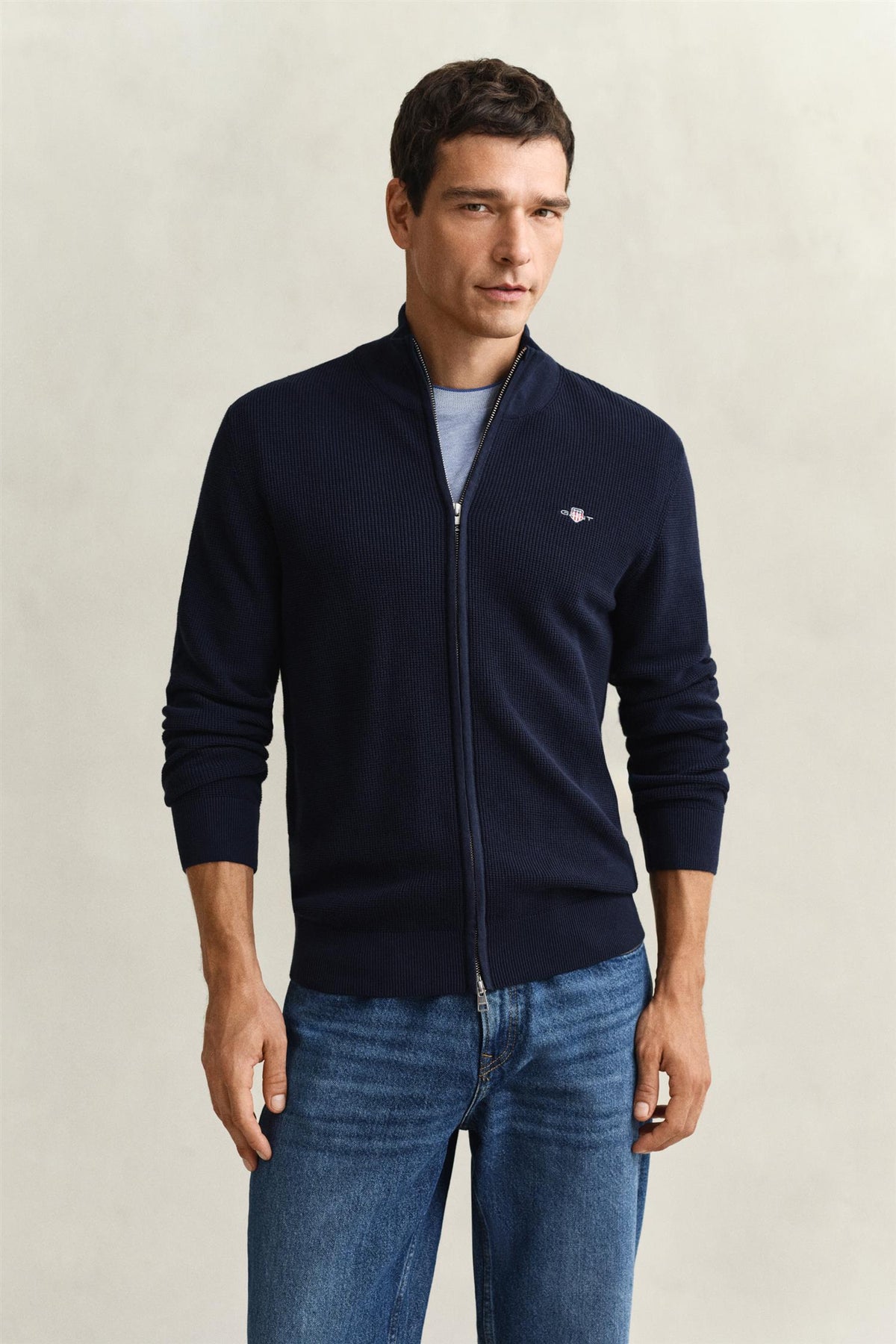 Micro Textured Cotton Zip Cardigan