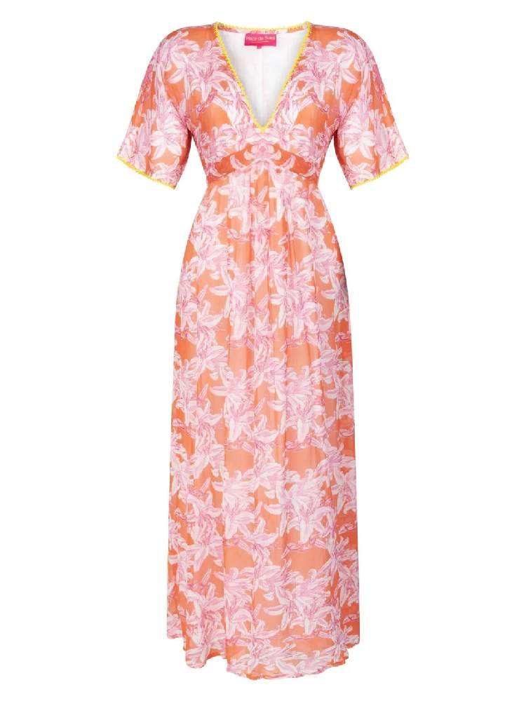 Orange White Lelies Long Dress