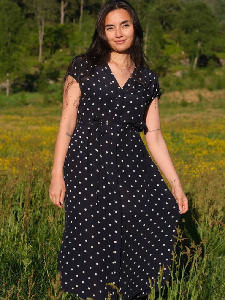 REL DOT PRINT CAFTAN DRESS