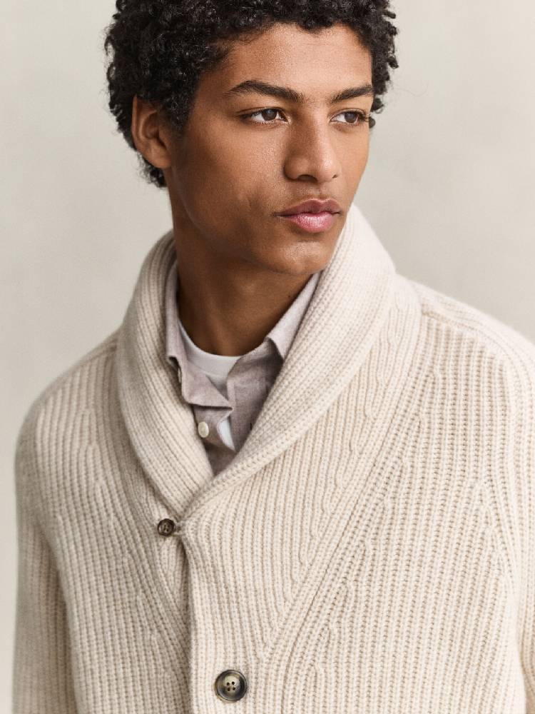 Ribbed Wool Blend Shawl Cardigan