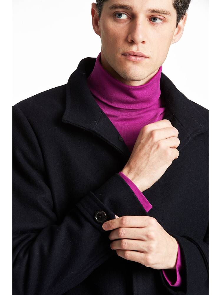 Recycled wool funnel neck coat