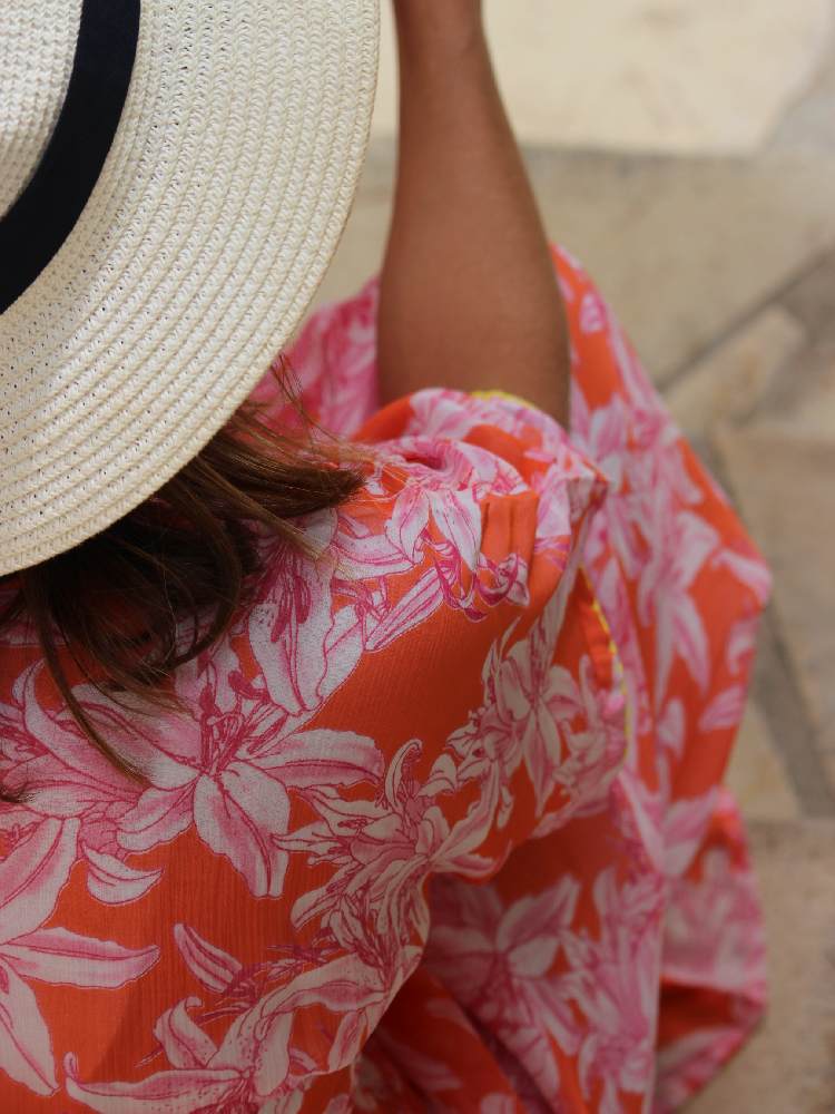 Orange White Lelies Long Dress