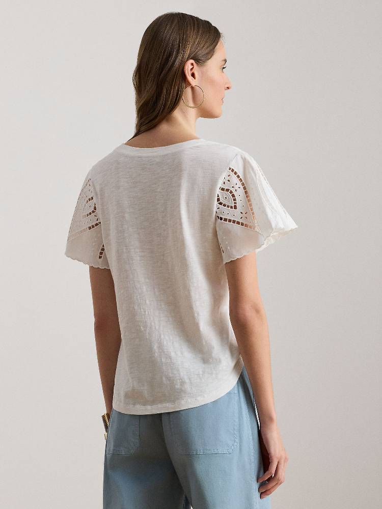 EYELET COTTON JERSEY & BROADCLOTH TOP