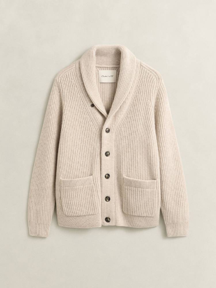 Ribbed Wool Blend Shawl Cardigan