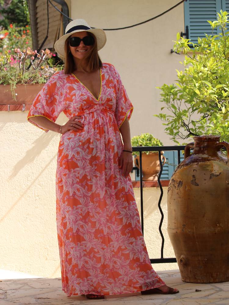Orange White Lelies Long Dress