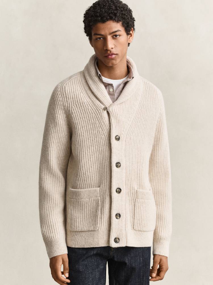 Ribbed Wool Blend Shawl Cardigan