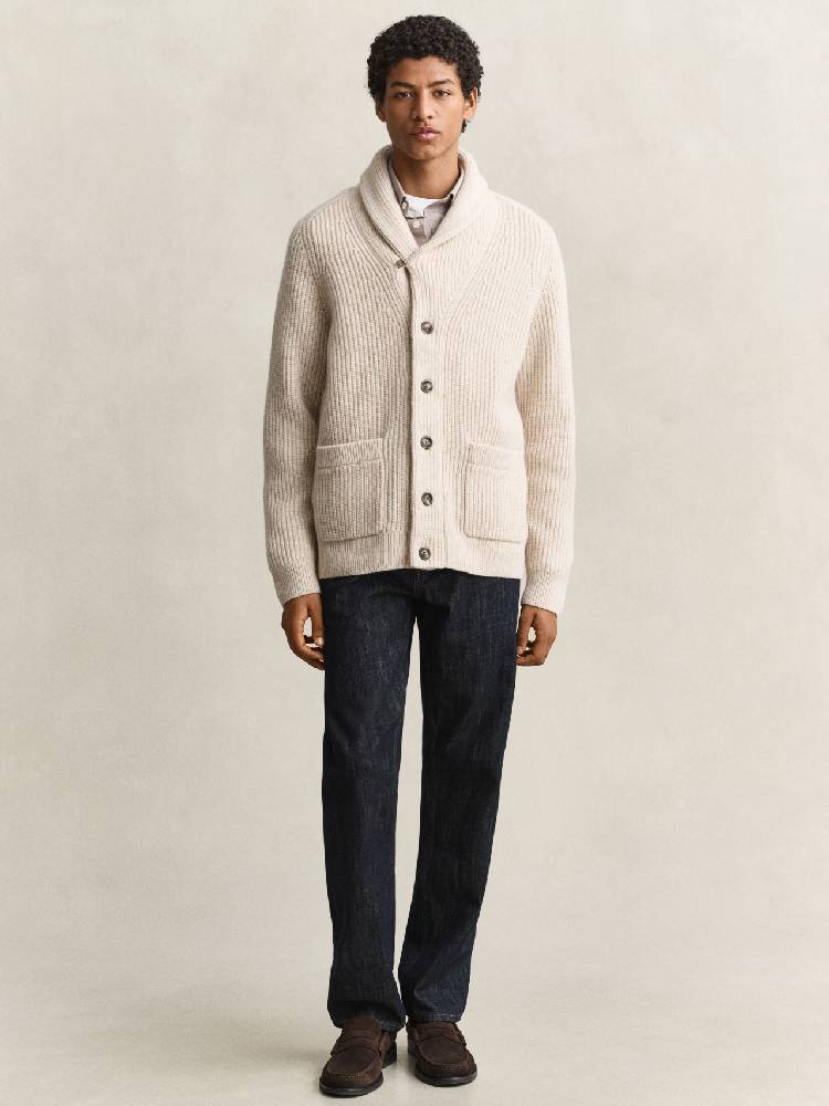 Ribbed Wool Blend Shawl Cardigan