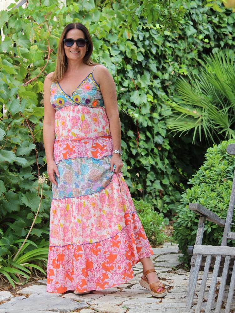 Mix Print Long Dress Strap