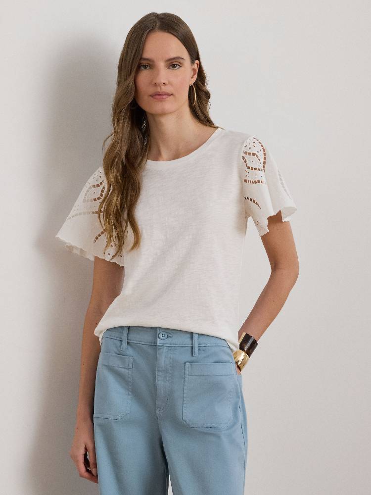 EYELET COTTON JERSEY & BROADCLOTH TOP