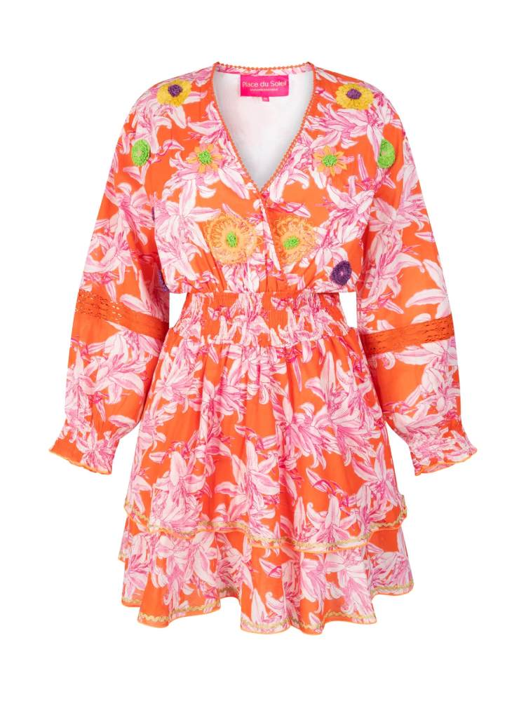 Orange White Lelies Short Dress
