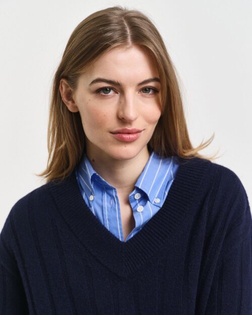 WIDE RIBBED WOOL V-NECK