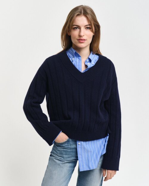 WIDE RIBBED WOOL V-NECK