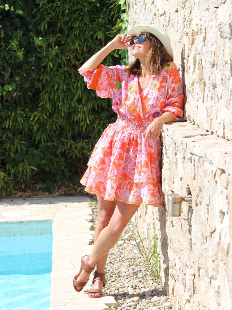 Orange White Lelies Short Dress