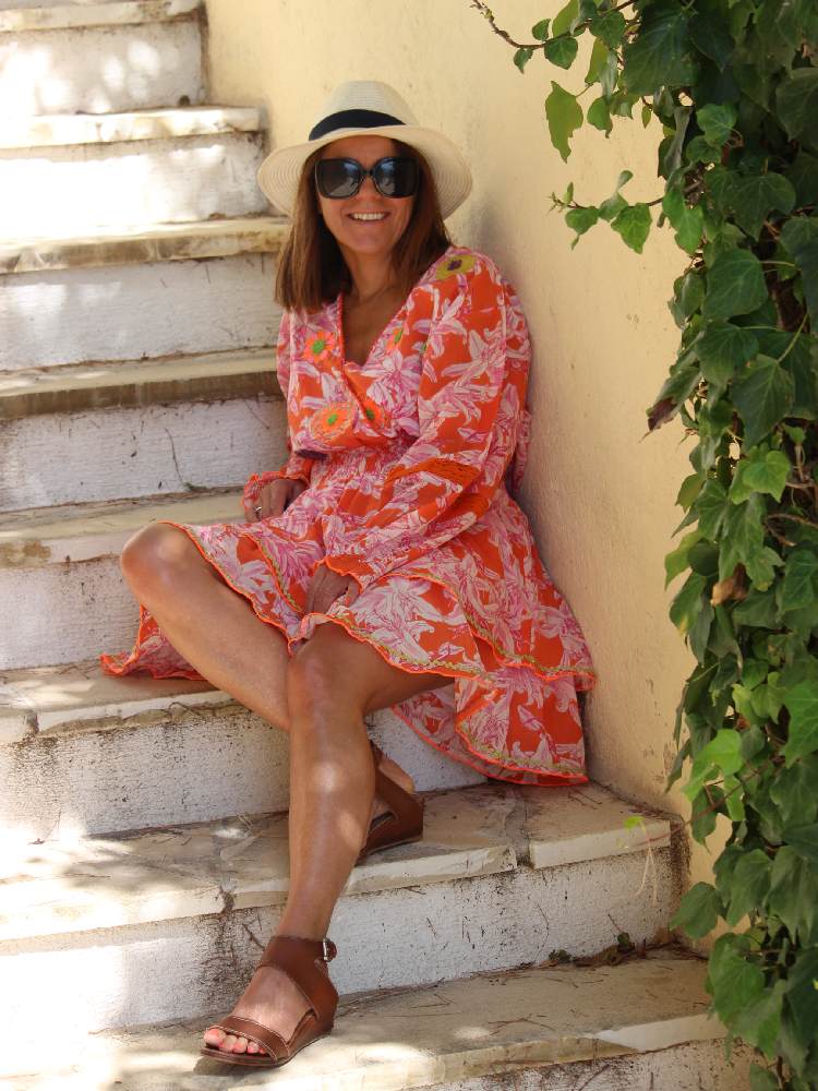 Orange White Lelies Short Dress